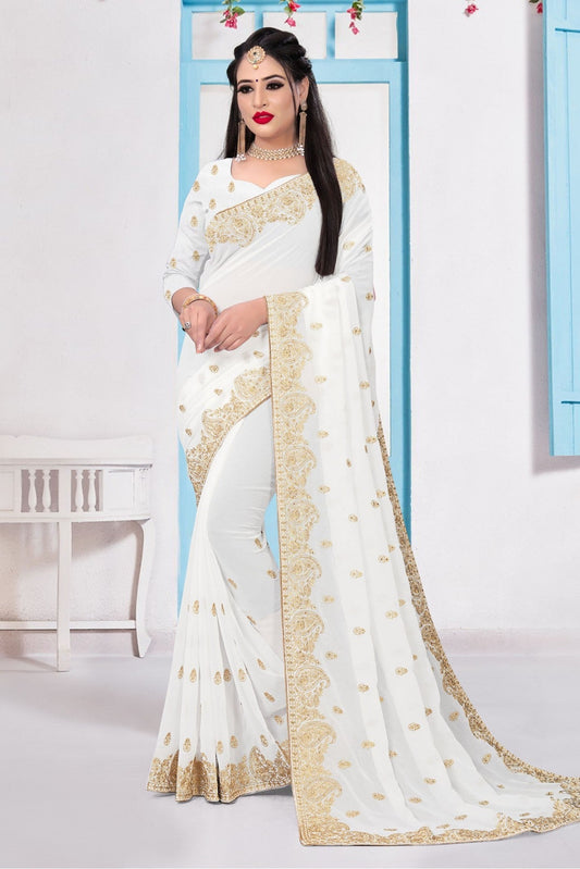 White Colour Georgette Embroidery Saree