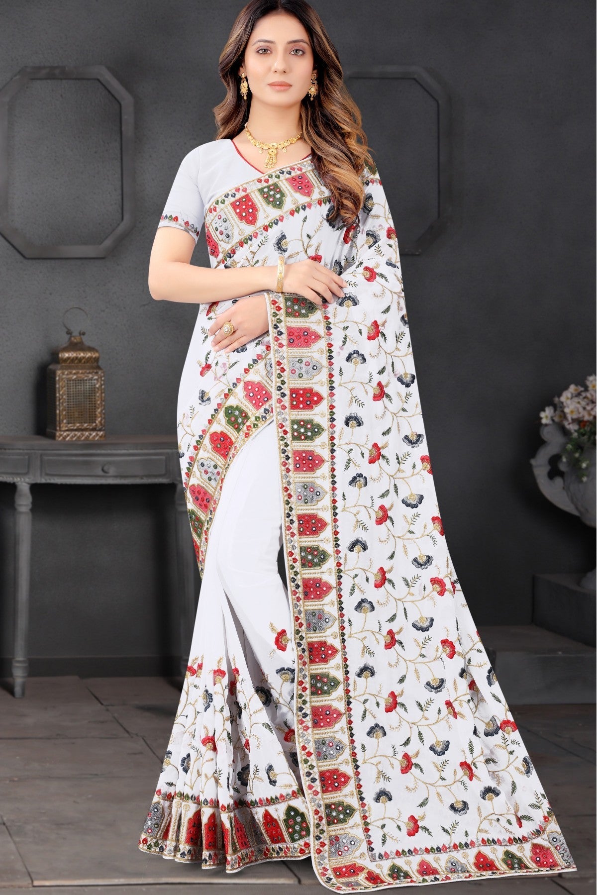 White Colour Georgette Embroidery Saree