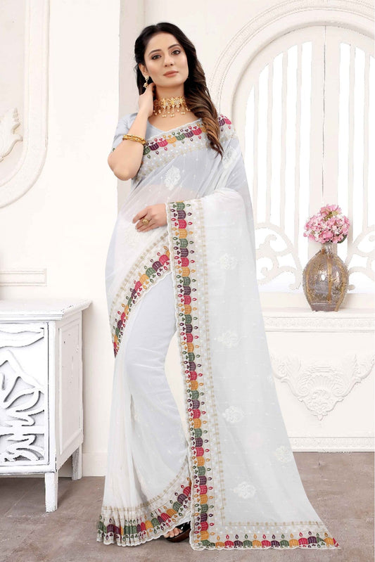 White Colour Georgette Embroidery Saree