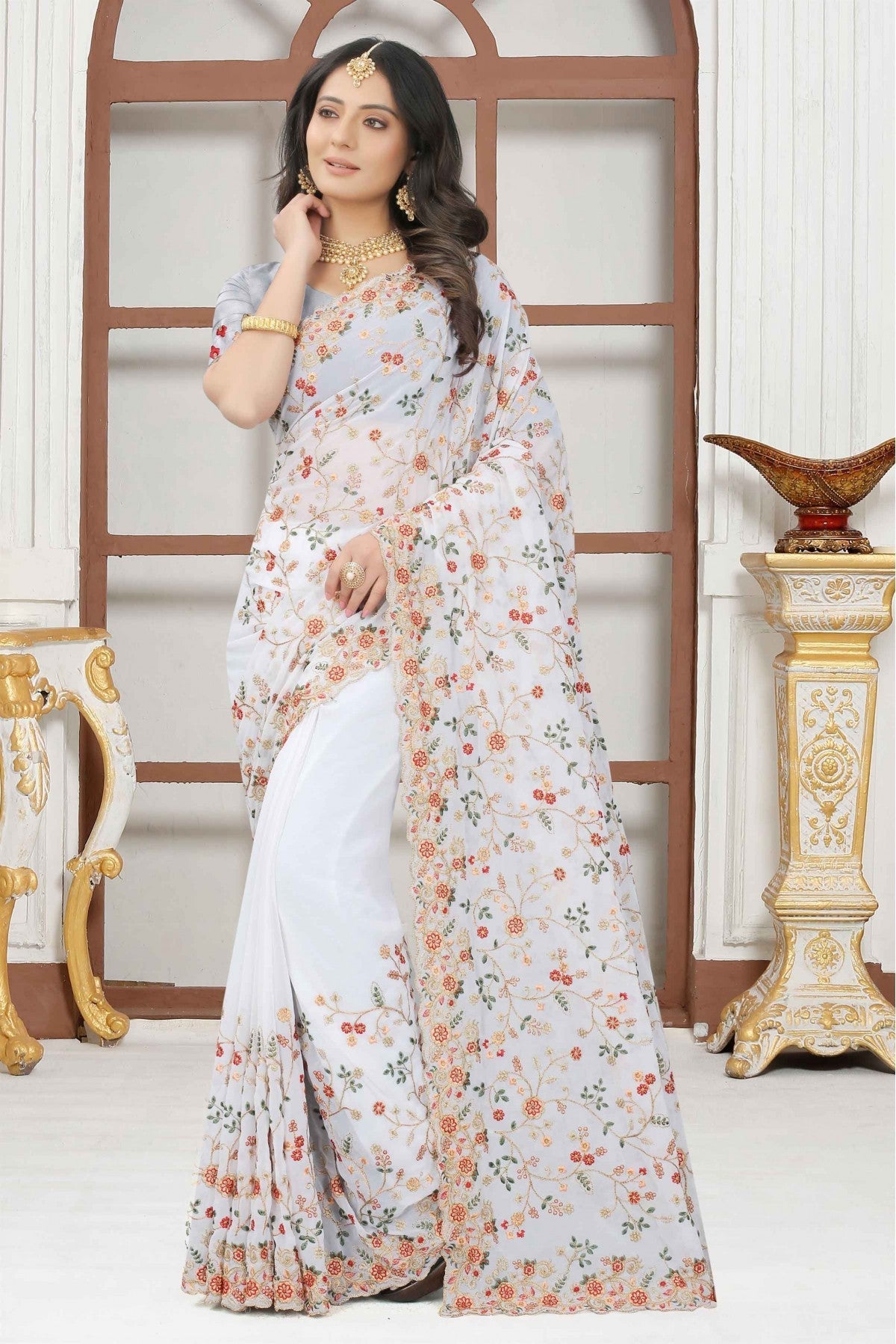 White Colour Georgette Embroidery Saree