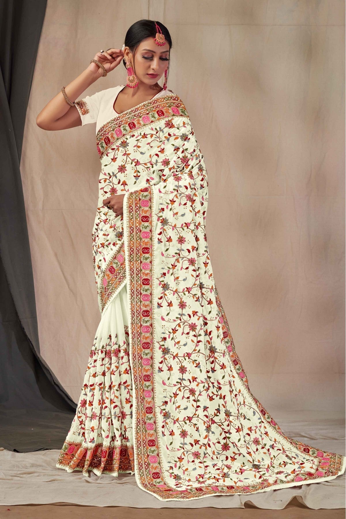 White Colour Georgette Embroidery Saree