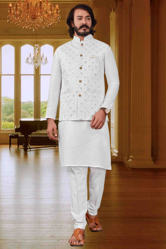 White Colour Kurta Pajama With Jacket In Art Silk