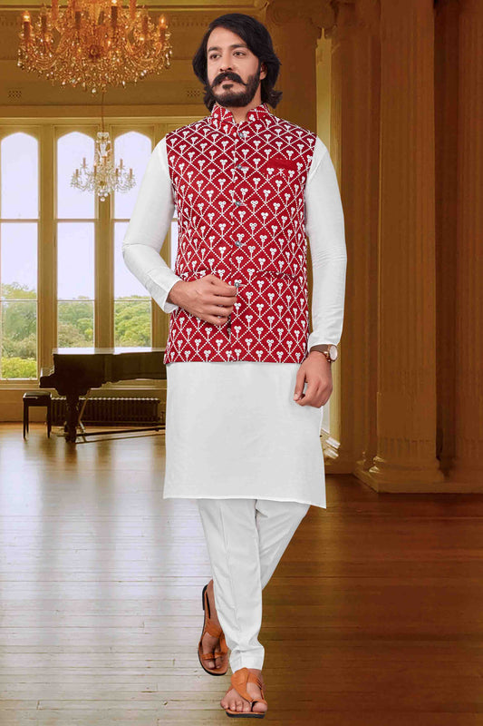 White Colour Kurta Pajama With Jacket In Art Silk