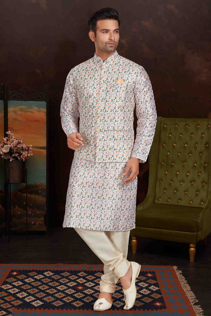 White Colour Kurta Pajama With Jacket In Malai Silk