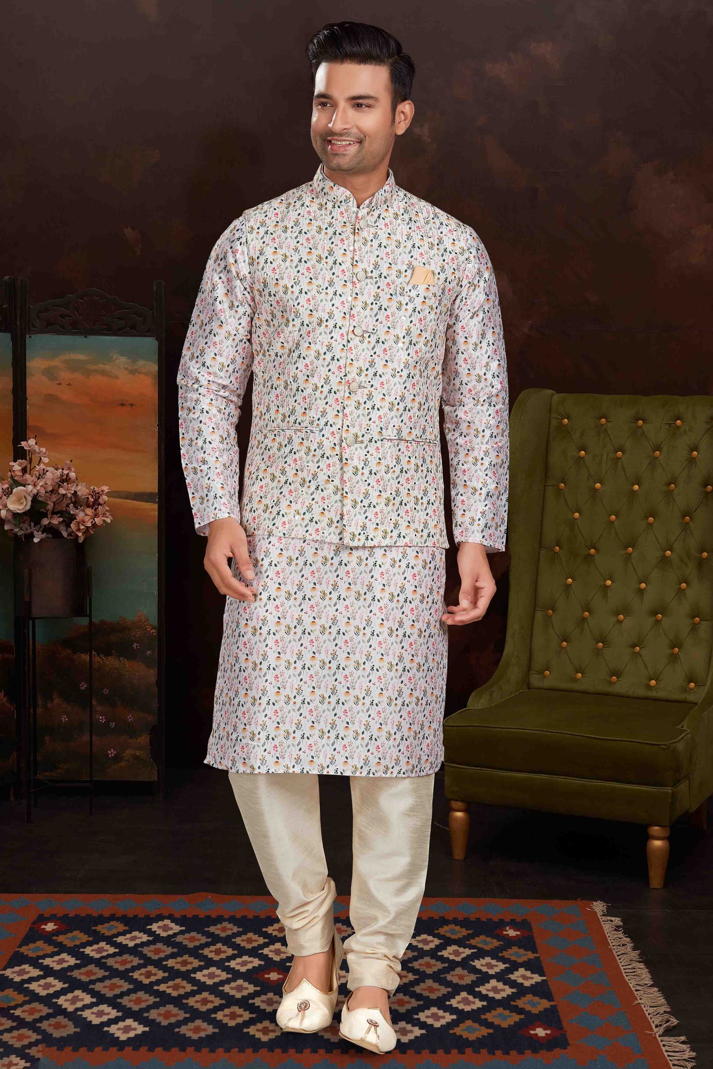 White Colour Kurta Pajama With Jacket In Malai Silk