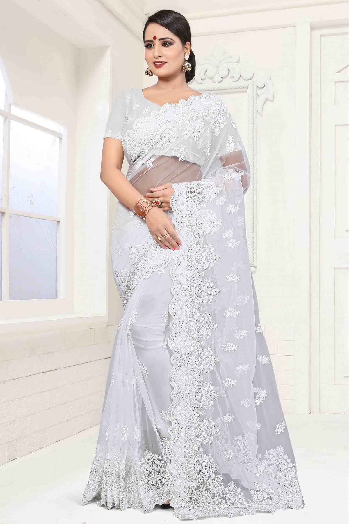 White Colour Net Designer Saree