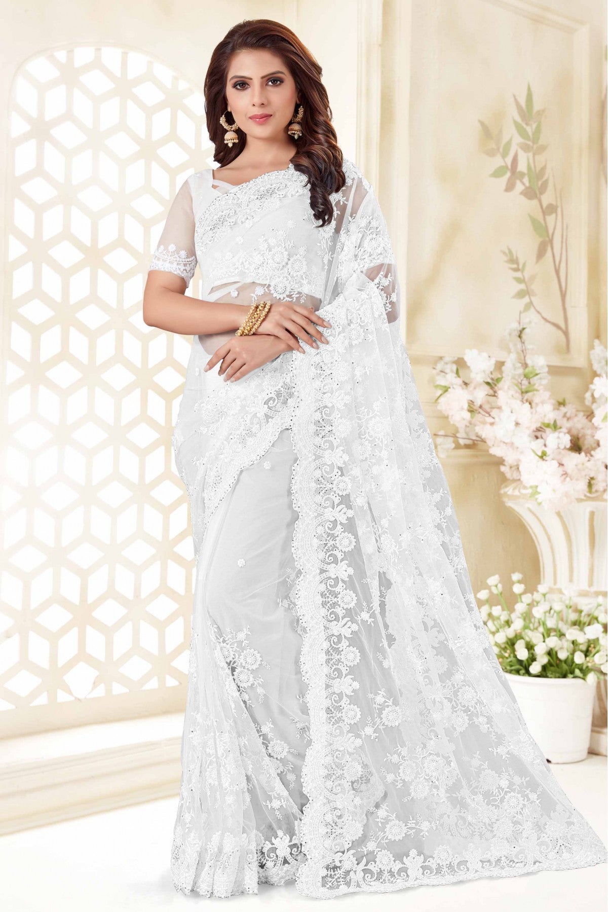 White Colour Net Designer Saree