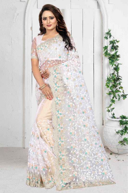 White Colour Net Designer Saree