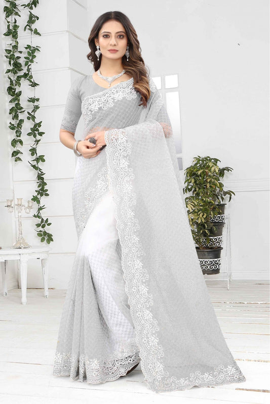 White Colour Net Designer Saree