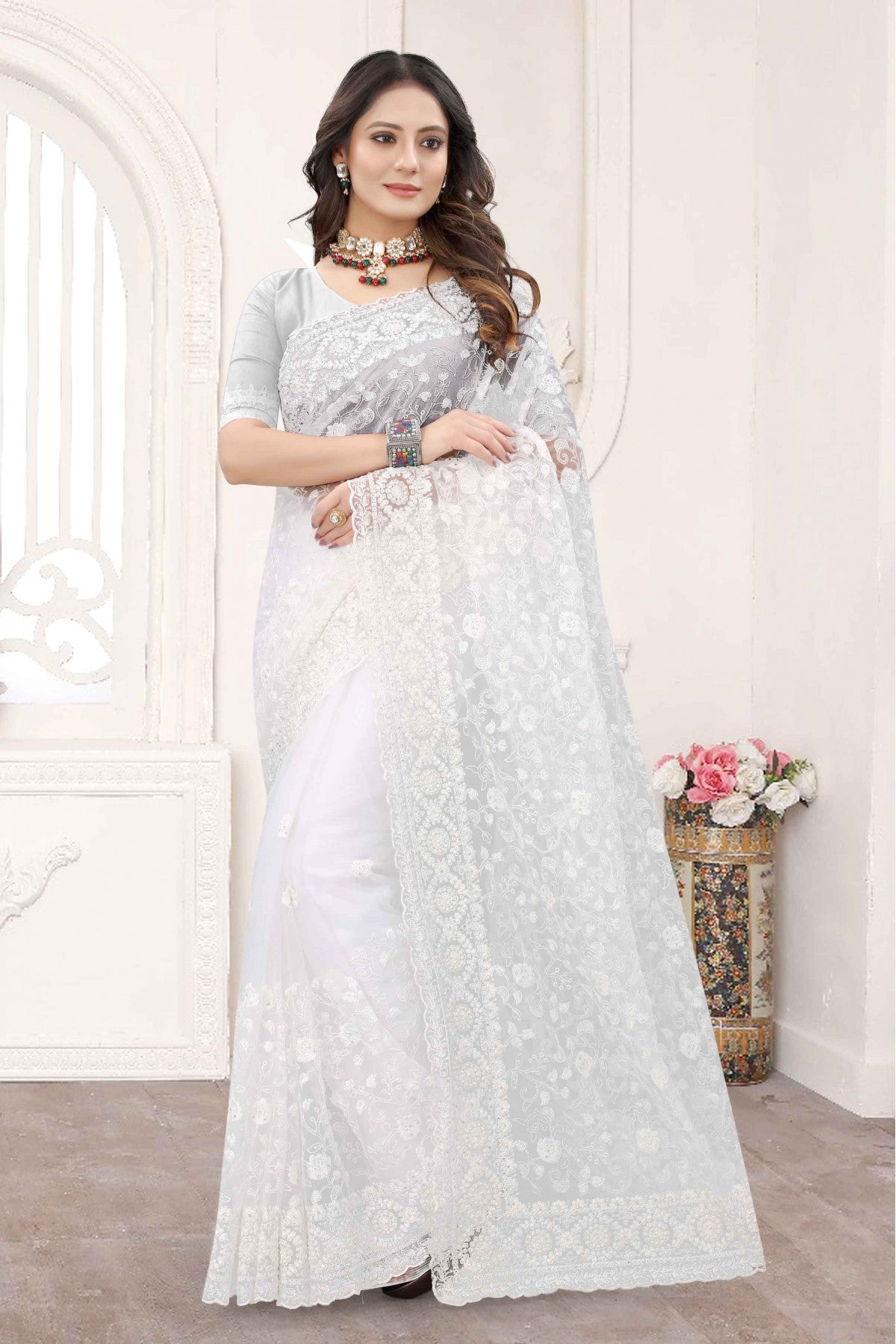 White Colour Net Designer Saree