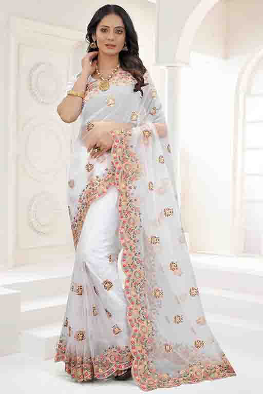 White Colour Net Designer Saree