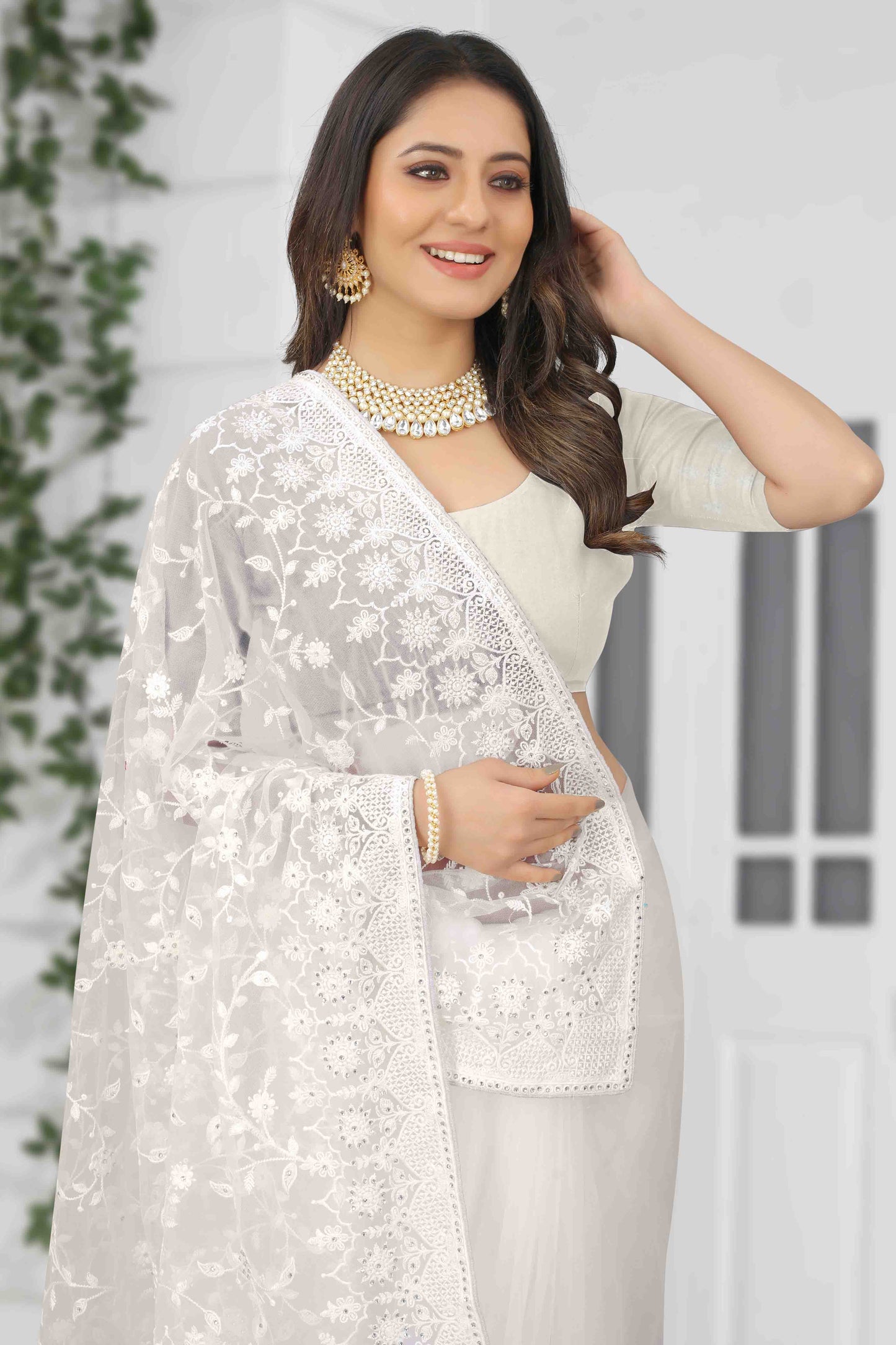 White Colour Net Designer Saree