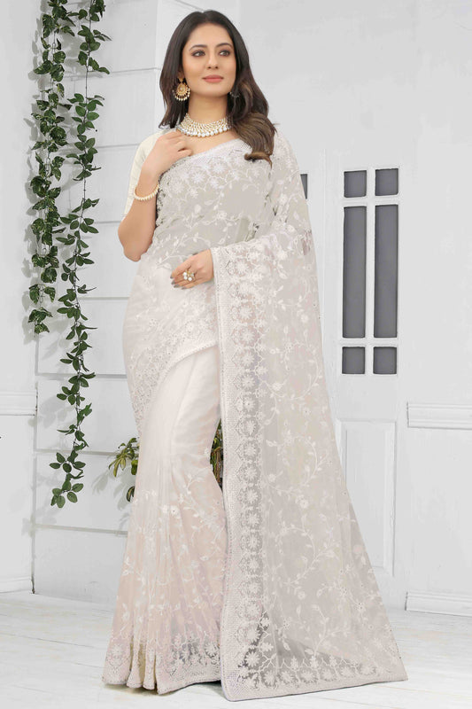 White Colour Net Designer Saree