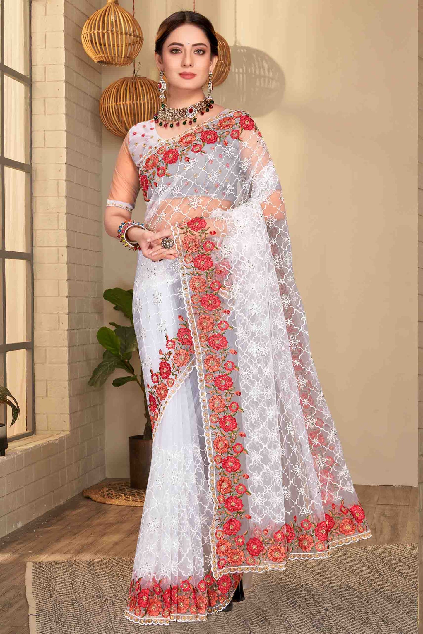 White Colour Net Designer Saree