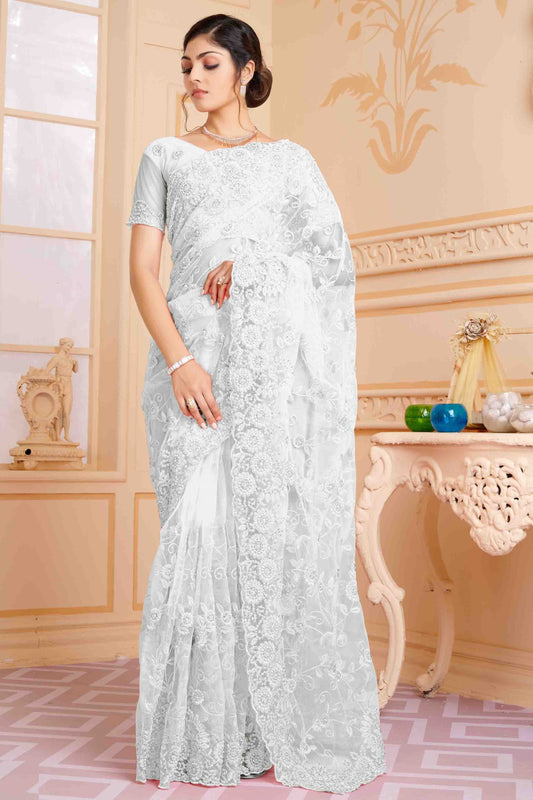 White Colour Net Designer Saree