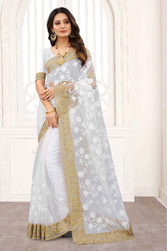 White Colour Net Designer Saree