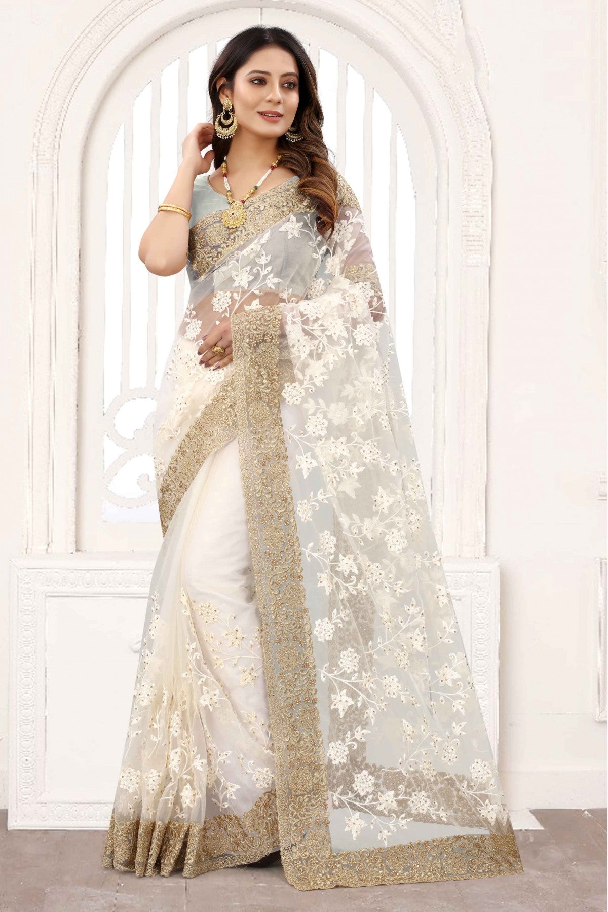 White Colour Net Designer Saree