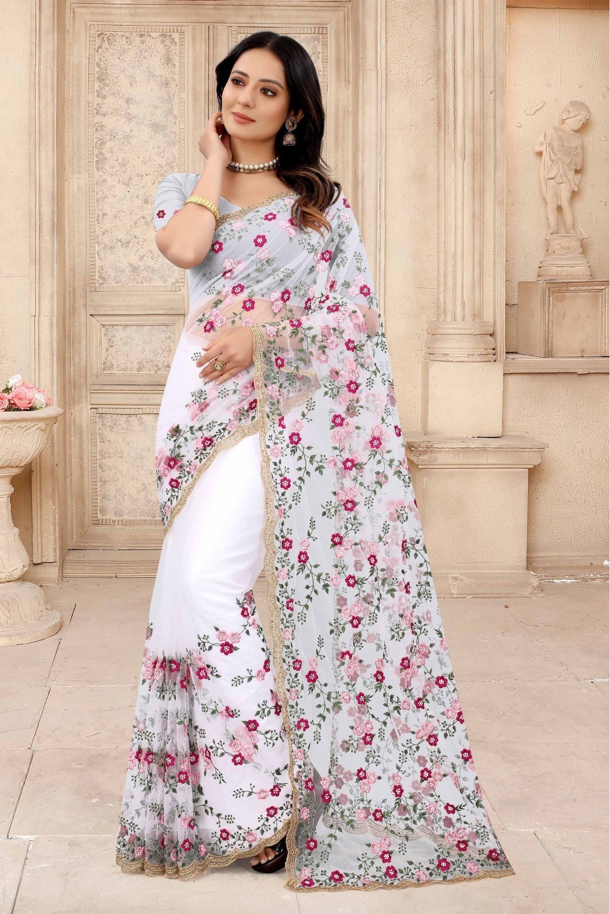 White Colour Net Embroidery Saree