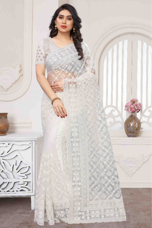 White Colour Net Embroidery Saree