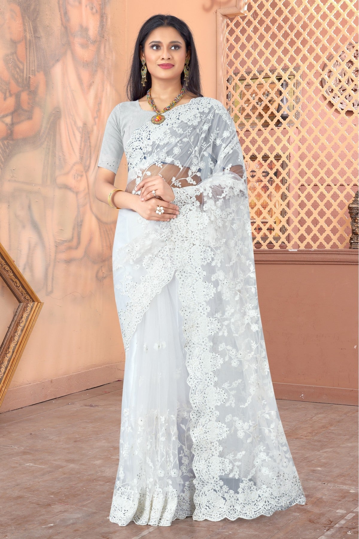 White Colour Net Embroidery Saree