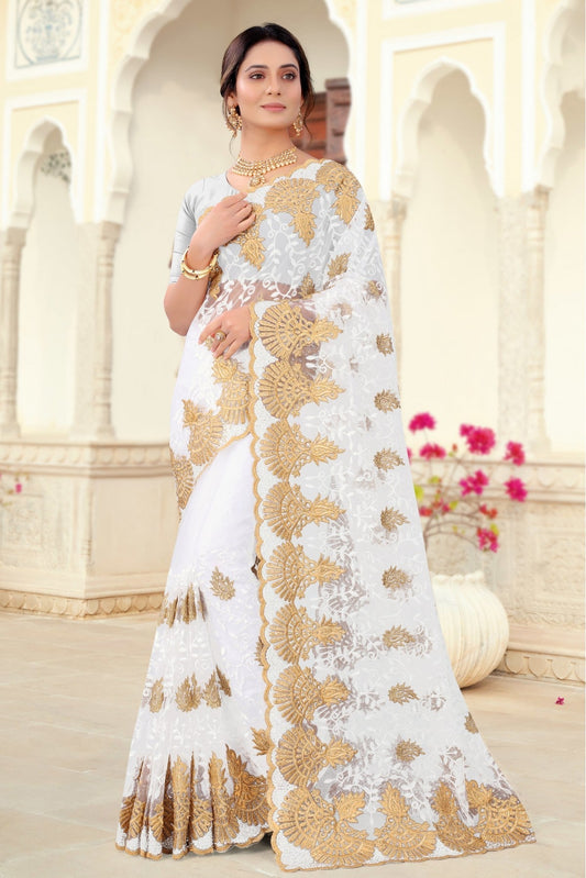 White Colour Net Embroidery Saree