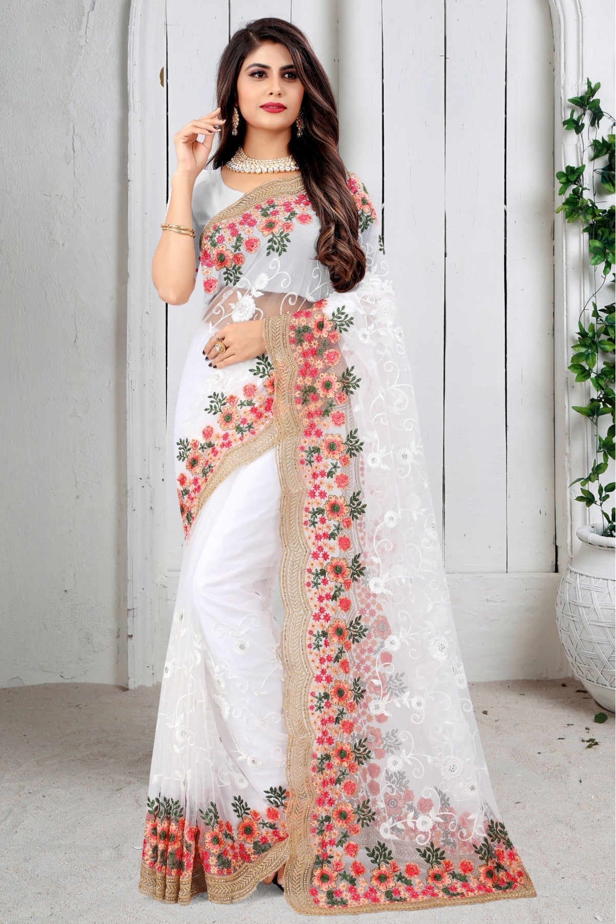 White Colour Net Embroidery Saree VSSD1090447