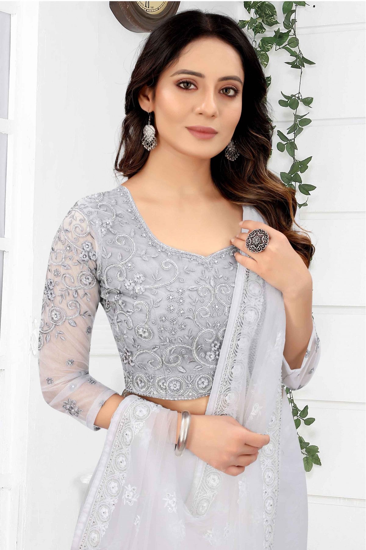 White Colour Net Embroidery Saree