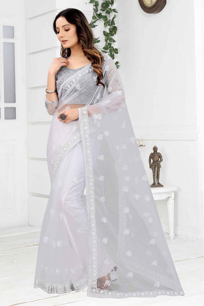 White Colour Net Embroidery Saree