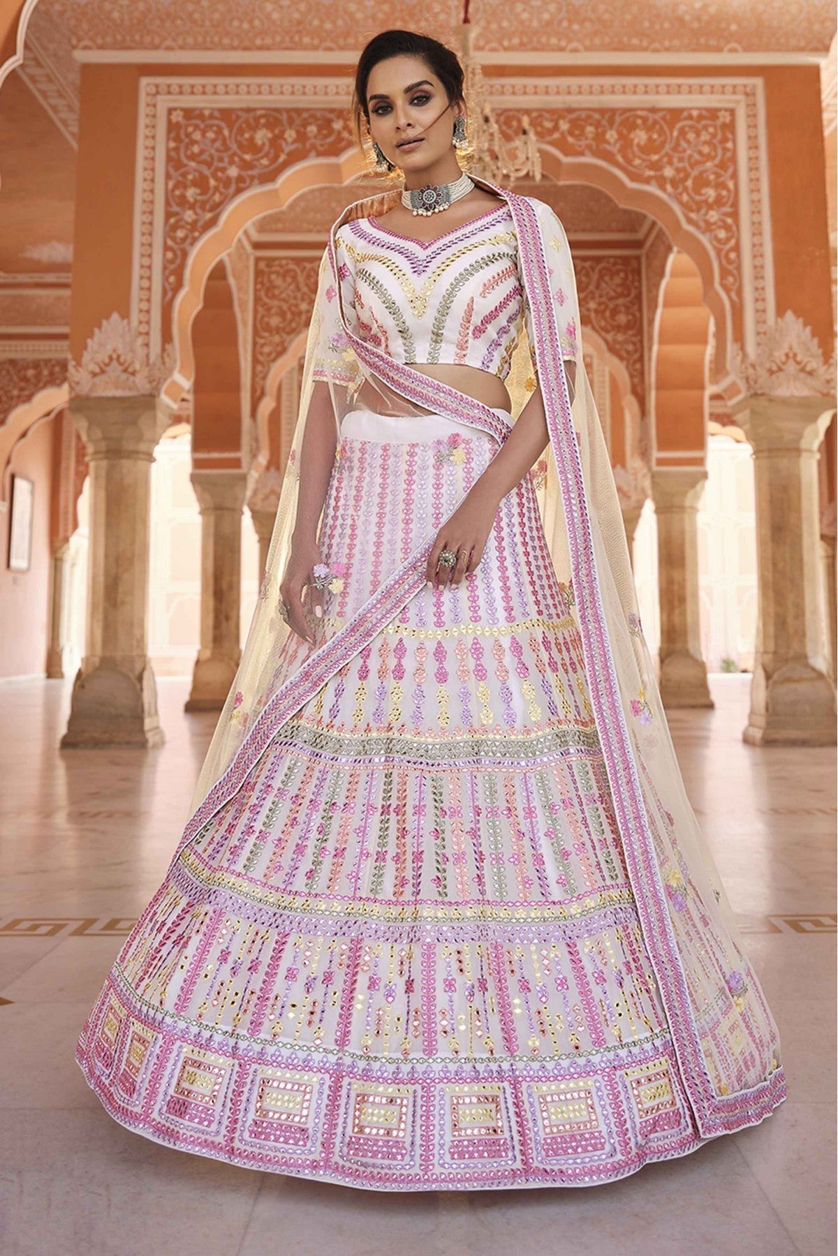 White Colour Organza Thread Work Lehenga Choli