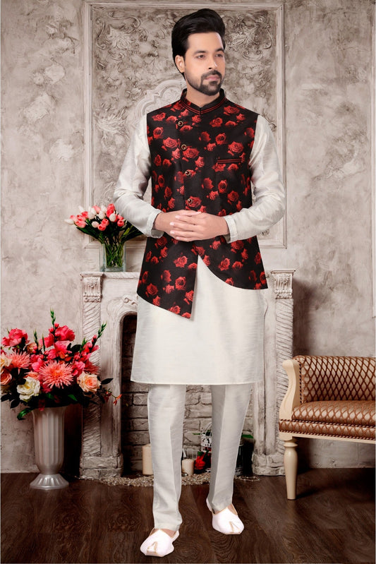 White and Black Colour Kurta Pajama With Jacket In Silk Dupion Fabric