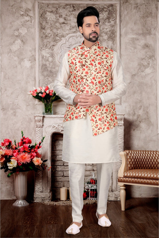 White and Cream Colour Kurta Pajama With Jacket In Silk Dupion Fabric