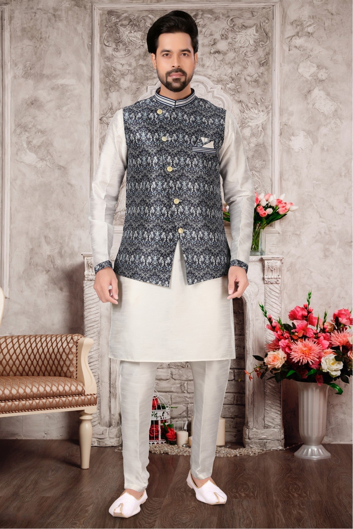 White and Multicolour Colour Kurta Pajama With Jacket In Silk Dupion Fabric