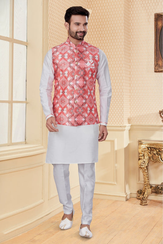 White and Pink Colour Kurta Pajama With Jacket In Silk Dupion Fabric