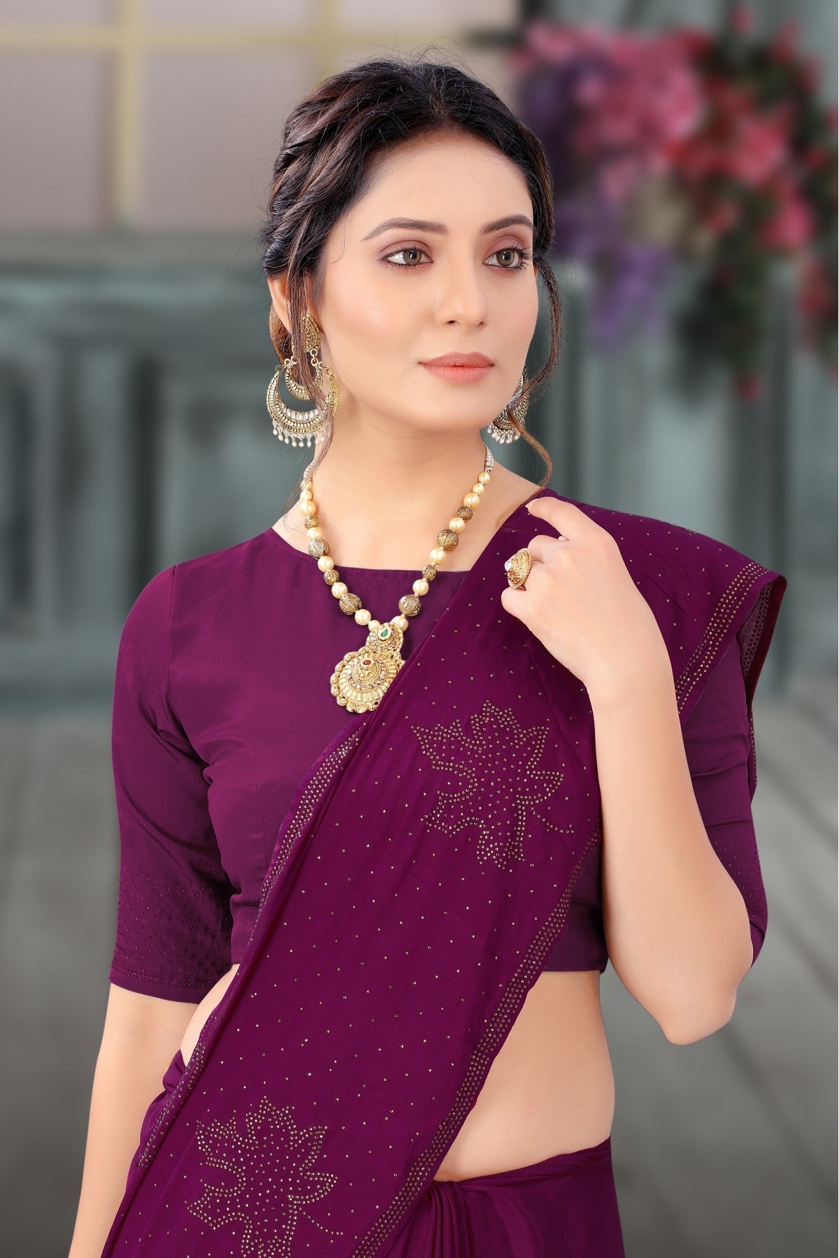 Wine Colour Crepe Swarovski Work Saree