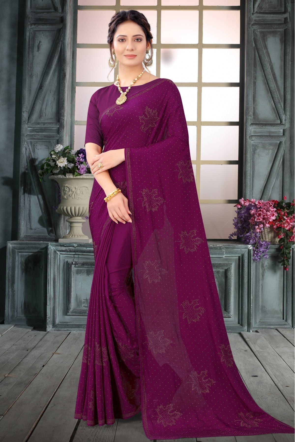 Wine Colour Crepe Swarovski Work Saree