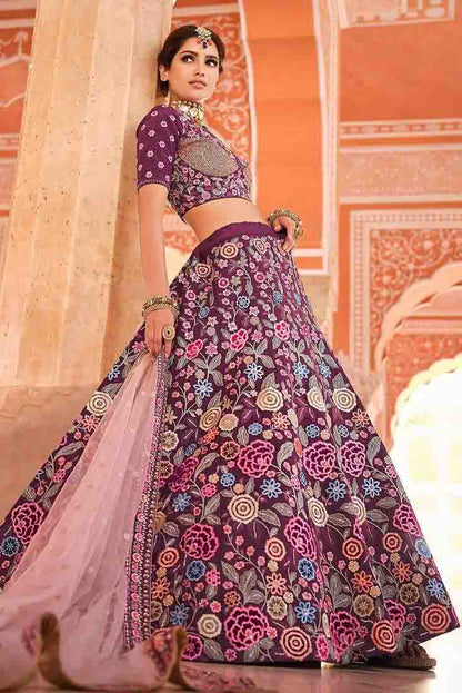 Wine Colour Crepe Thread Work Lehenga Choli