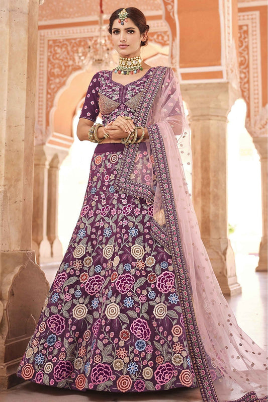 Wine Colour Crepe Thread Work Lehenga Choli