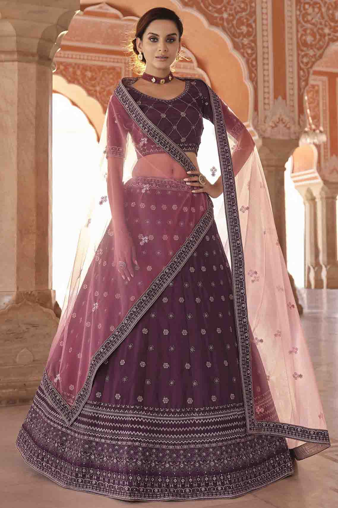 Wine Colour Crepe Thread Work Lehenga Choli