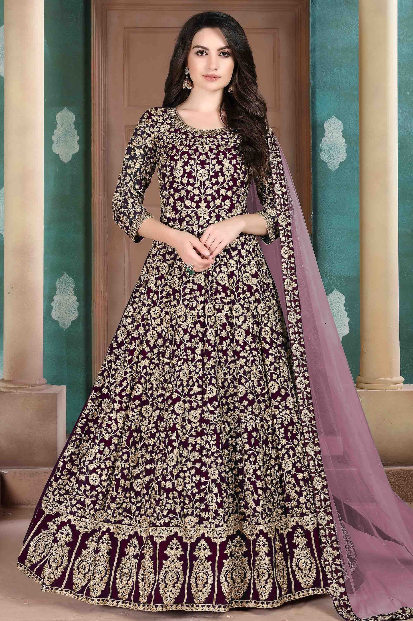 Wine Colour Faux Georgette Semi Stitched Anarkali Suit