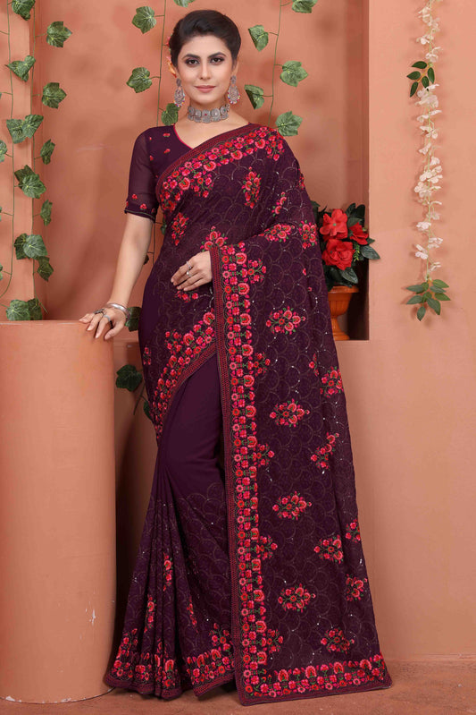 Wine Colour Georgette Designer Saree