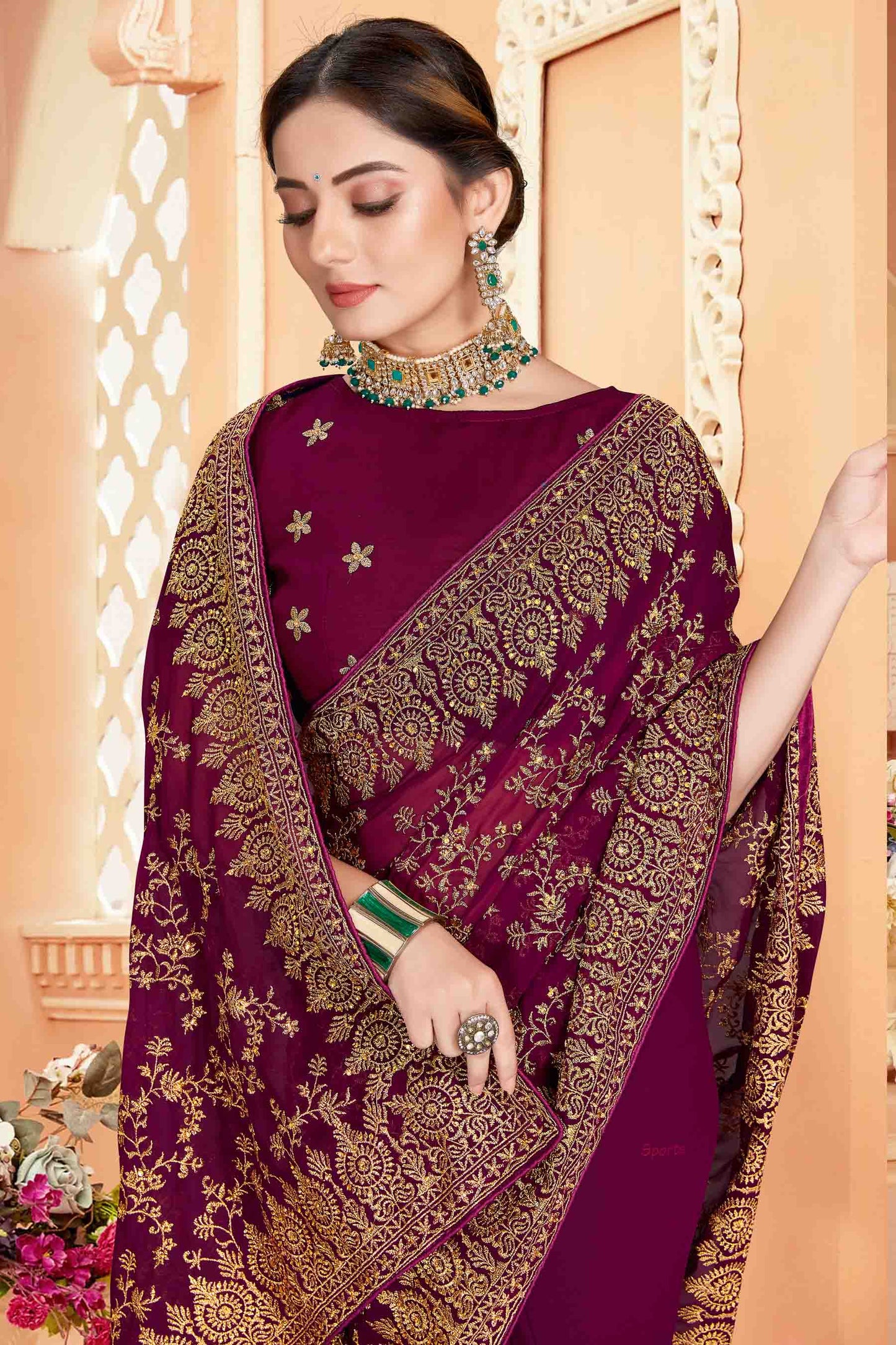 Wine Colour Georgette Designer Saree