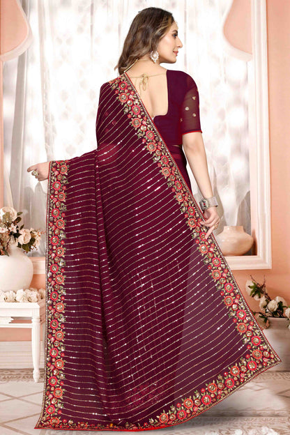 Wine Colour Georgette Designer Saree