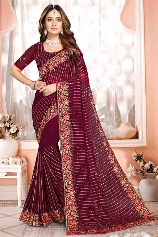 Wine Colour Georgette Designer Saree