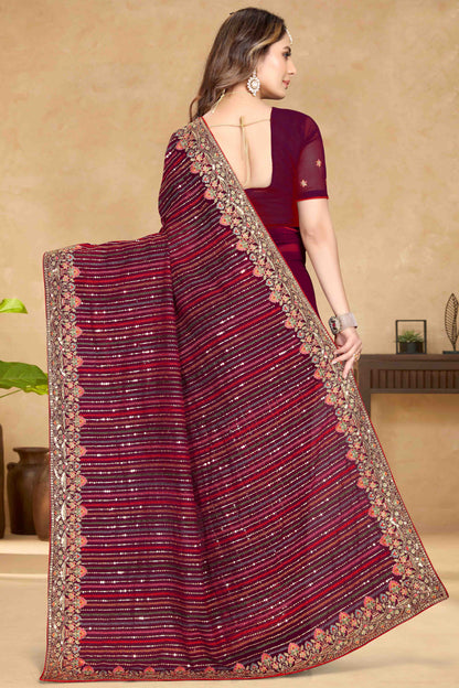 Wine Colour Georgette Designer Saree