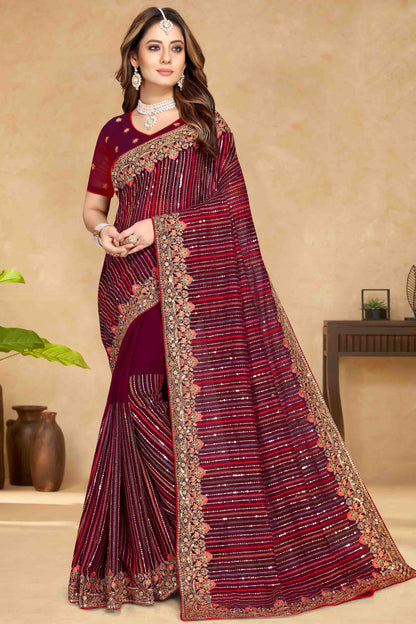 Wine Colour Georgette Designer Saree