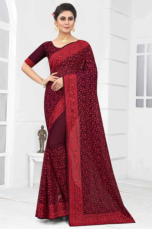 Wine Colour Georgette Designer Saree