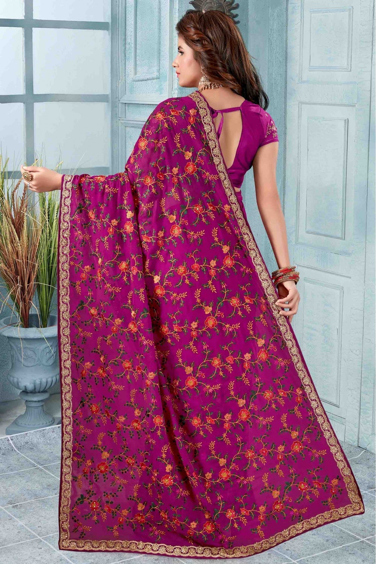 Wine Colour Georgette Designer Saree