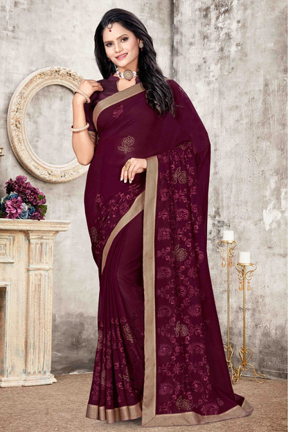 Wine Colour Georgette Designer Saree