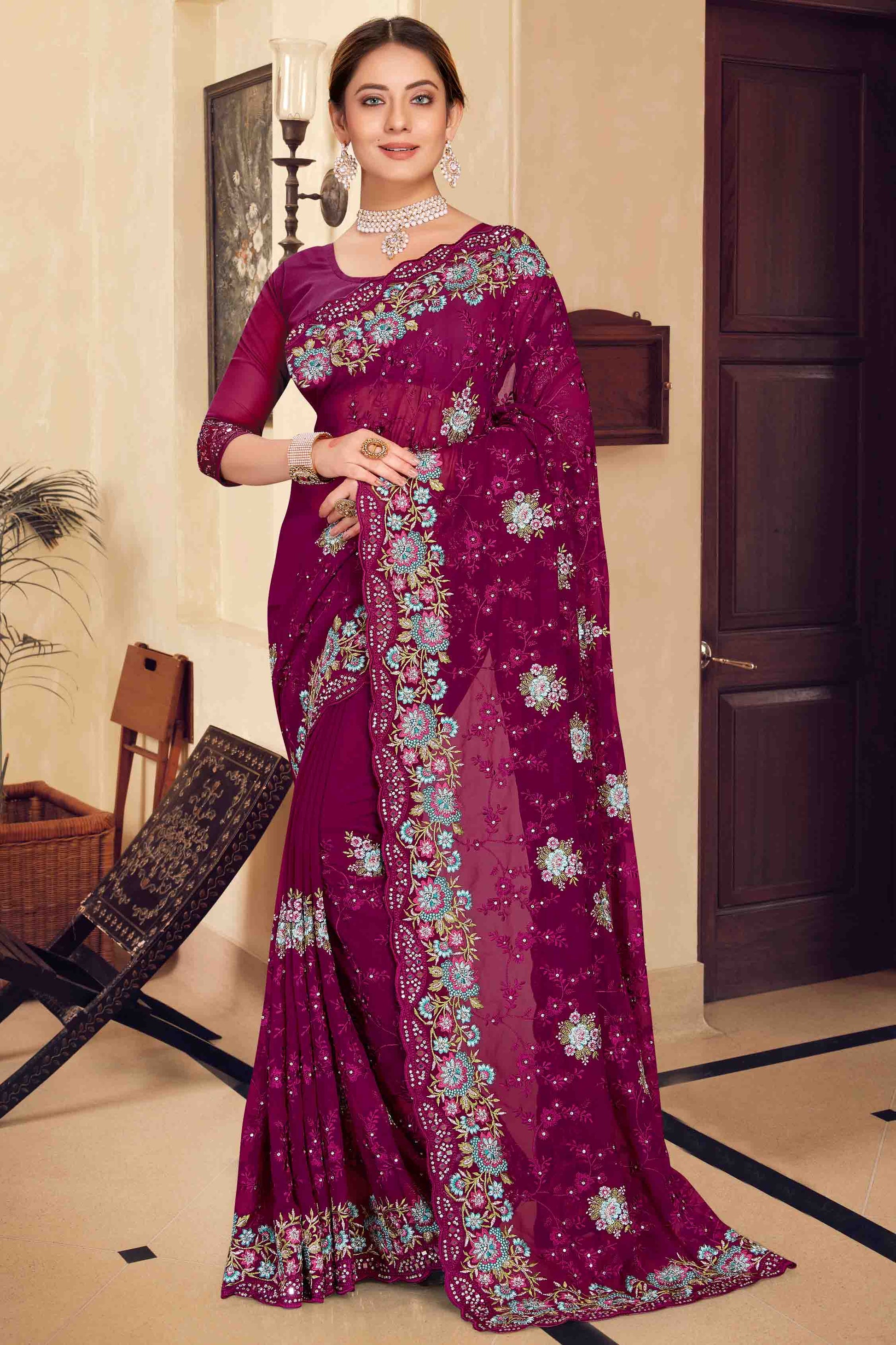 Wine Colour Georgette Designer Saree