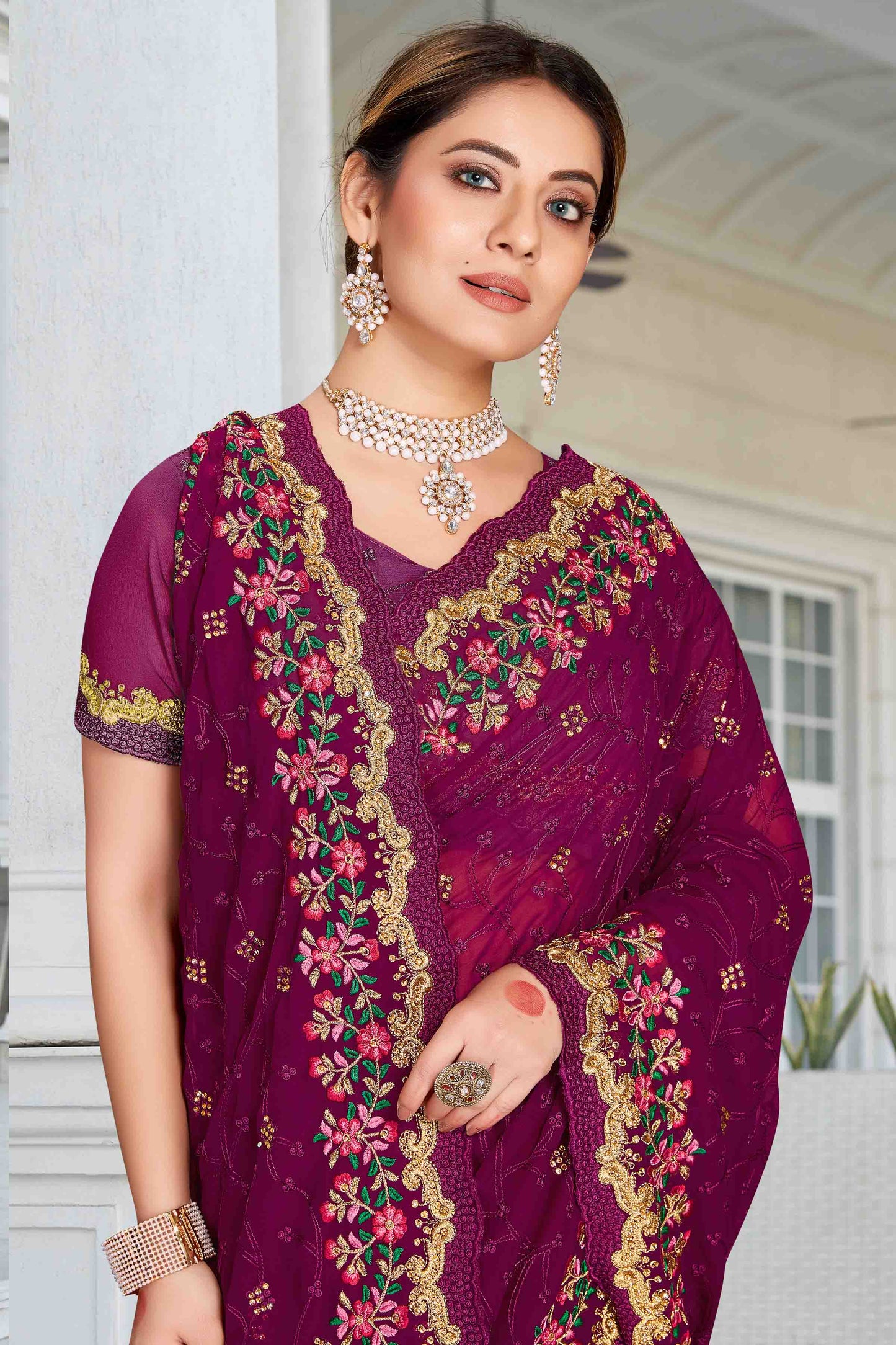 Wine Colour Georgette Designer Saree